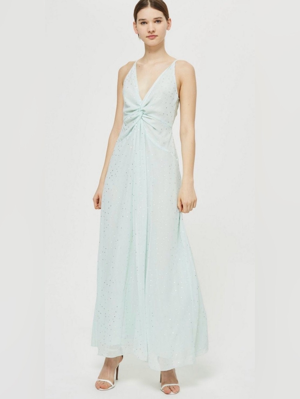 Topshop Spot Foil Maxi Dress Gathered VNeck Back Zipper Sleeveless Mint Womens 6